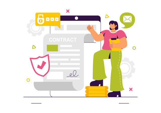 Femme montrant un contrat en ligne  Illustration