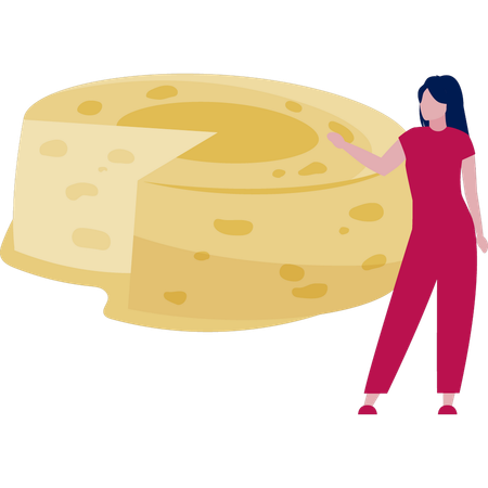 Femme montrant un cube de fromage jaune  Illustration