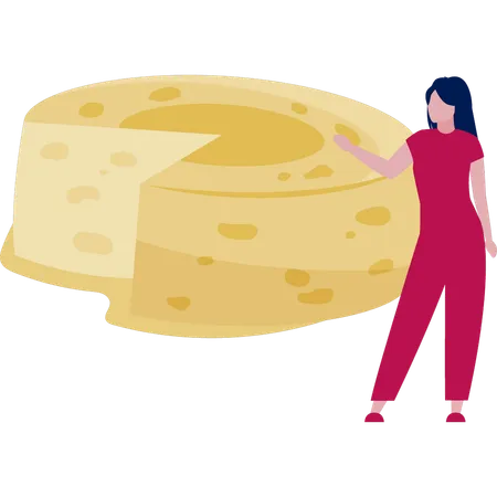 Femme montrant un cube de fromage jaune  Illustration