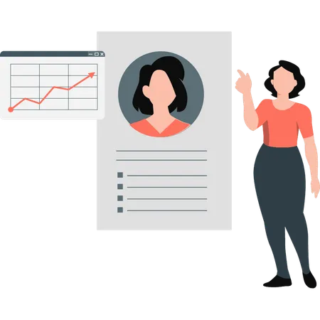 Femme pointant vers CV sur papier  Illustration