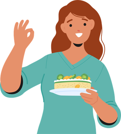 Femme montrant un gâteau fait maison  Illustration