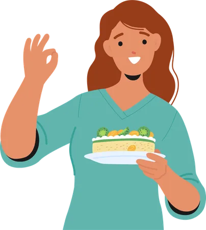 Femme montrant un gâteau fait maison  Illustration