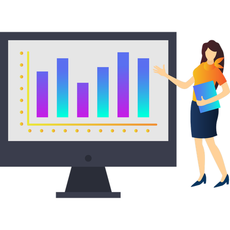 Femme pointant vers un graphique à barres à l'écran  Illustration