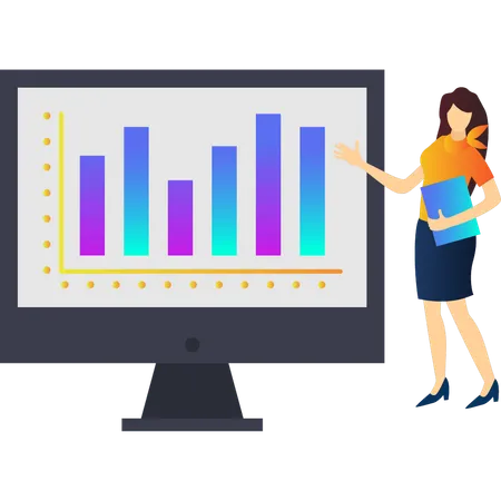 Femme pointant vers un graphique à barres à l'écran  Illustration