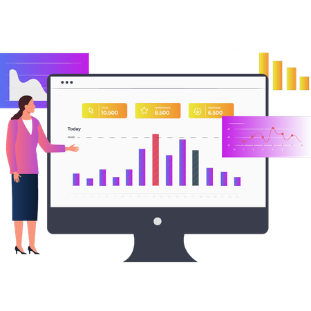 Femme montrant un graphique à barres statistique sur un moniteur  Illustration