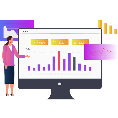 Femme montrant un graphique à barres statistique sur un moniteur  Illustration