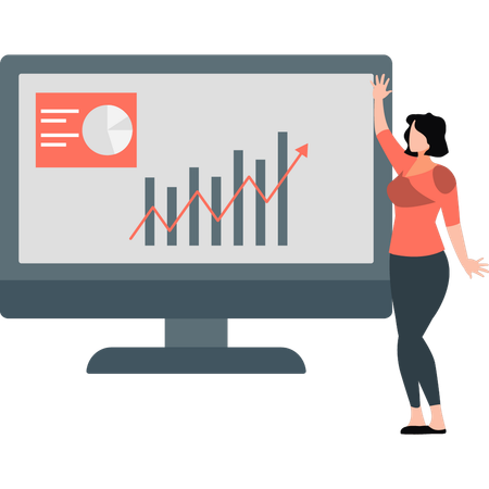 Femme pointant vers un graphique croissant sur le moniteur  Illustration