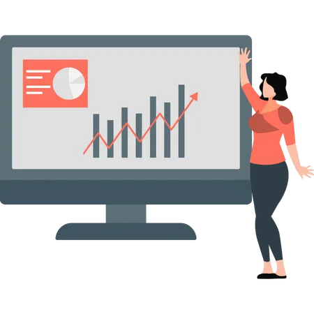 Femme pointant vers un graphique croissant sur le moniteur  Illustration