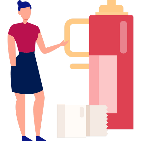 Femme pointant vers un thermos médical  Illustration