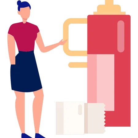 Femme pointant vers un thermos médical  Illustration