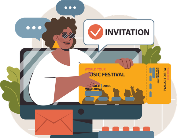 Femme montrant un billet de festival de musique en ligne  Illustration