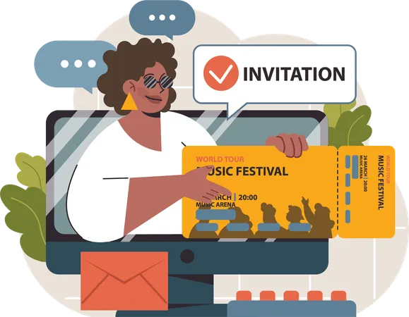 Femme montrant un billet de festival de musique en ligne  Illustration