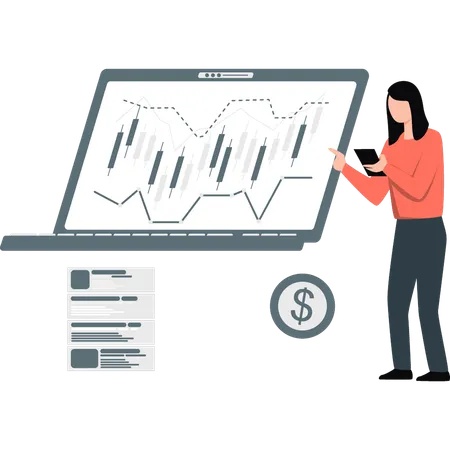 Une femme montre une analyse du marché boursier  Illustration