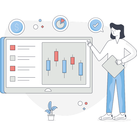 Une femme montre une analyse commerciale  Illustration