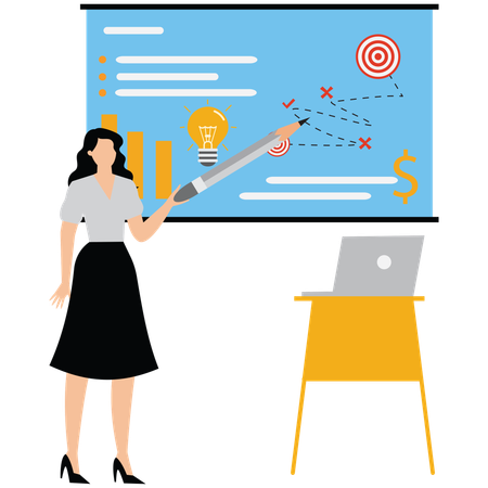 Une femme montre une planification stratégique pour surmonter les difficultés et les obstacles afin d'atteindre l'objectif  Illustration