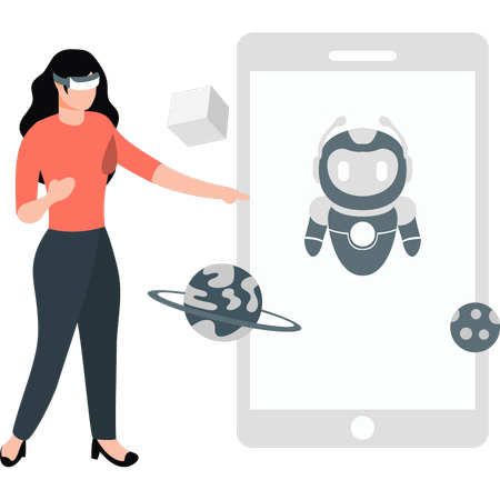 Une femme montre un robot IA sur son mobile  Illustration