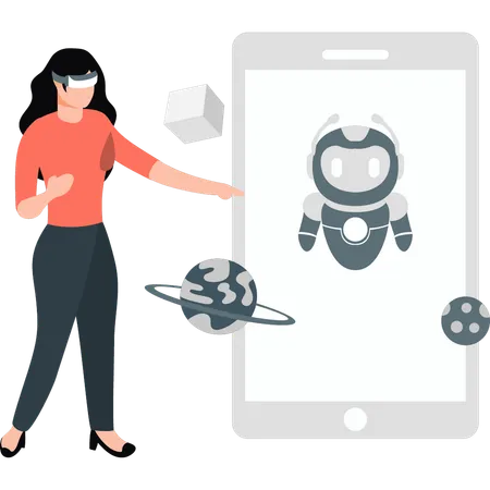 Une femme montre un robot IA sur son mobile  Illustration