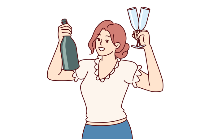 Une femme montre une bouteille de champagne et des verres à vin suggérant une fête du vendredi soir  Illustration