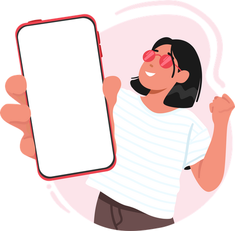 Une femme montre un écran de smartphone vide et un geste oui  Illustration