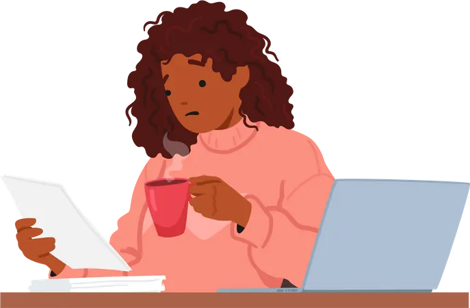 Une femme multitâche lit du papier et sirote du café au bureau  Illustration