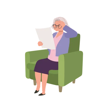 Femme mûre avec mal de tête en lisant le journal sur le canapé  Illustration