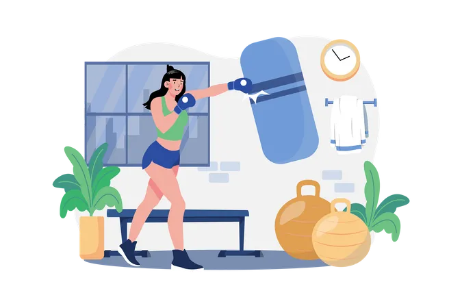 Boxe musculaire forte femme dans la salle de gym  Illustration