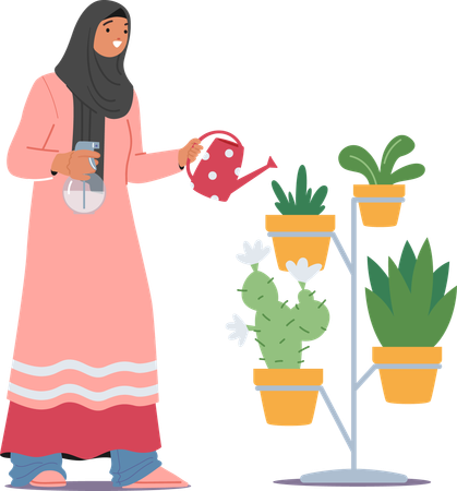 Femme musulmane arrosant une plante  Illustration