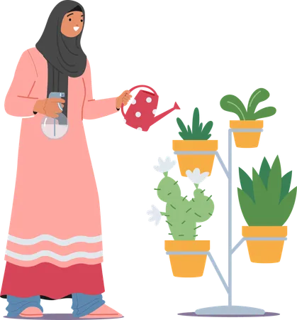 Femme musulmane arrosant une plante  Illustration