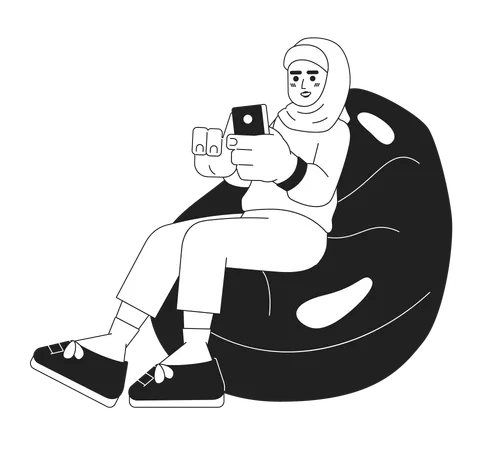 Femme musulmane assise avec un pouf et un téléphone  Illustration