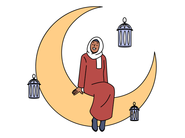 Femme musulmane assise sur un croissant de lune  Illustration