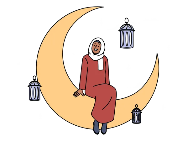 Femme musulmane assise sur un croissant de lune  Illustration