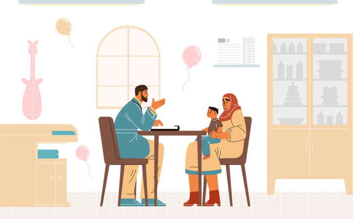 Femme musulmane avec enfant et son mari assis à une table  Illustration