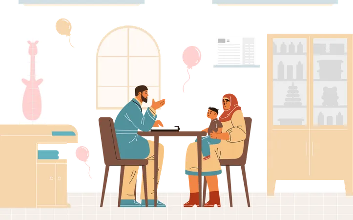 Femme musulmane avec enfant et son mari assis à une table  Illustration