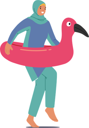 Femme musulmane avec un flamant rose flottant  Illustration