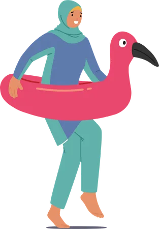 Femme musulmane avec un flamant rose flottant  Illustration