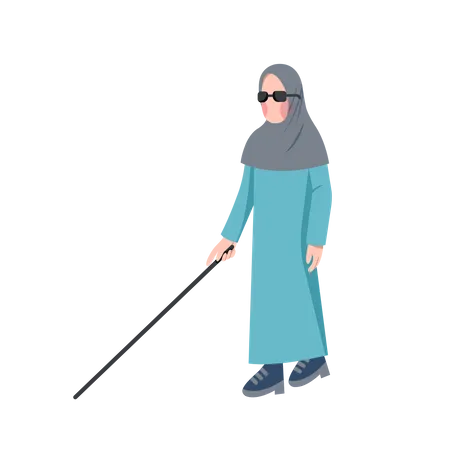 Femme musulmane aveugle marchant avec une longue canne  Illustration