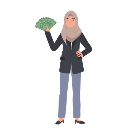 Femme musulmane en hijab tenant un éventail d'argent  Illustration