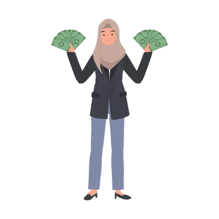 Femme musulmane en hijab tenant un éventail d'argent à deux mains  Illustration