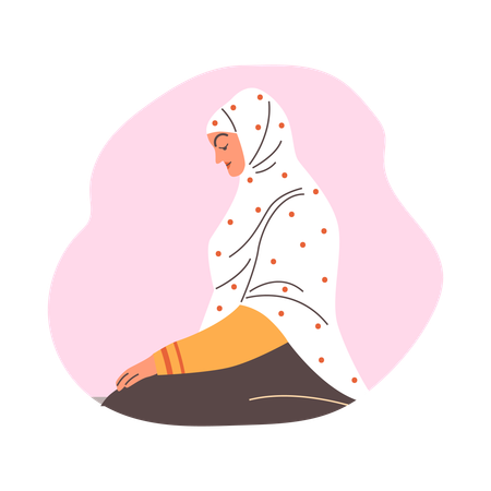 Une femme musulmane priant à genoux en vêtements arabes  Illustration
