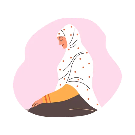 Une femme musulmane priant à genoux en vêtements arabes  Illustration