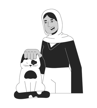 Femme musulmane hijab caressant la tête de chat  Illustration