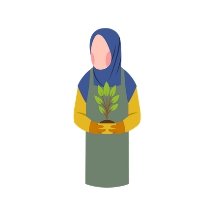 Une femme musulmane tient une plante  Illustration