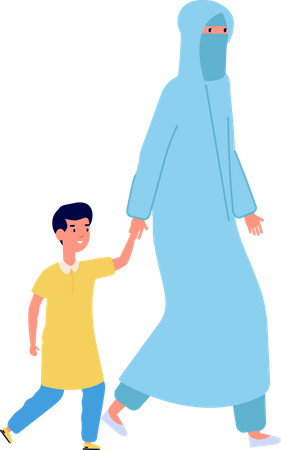 Femme musulmane marchant avec un enfant dans la rue  Illustration