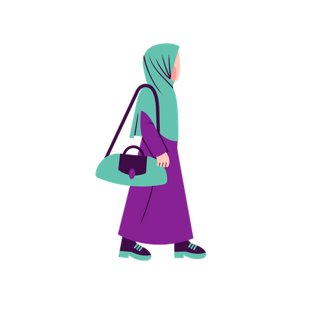 Femme musulmane marchant avec un sac à main  Illustration