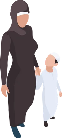 Femme musulmane marchant avec son fils  Illustration