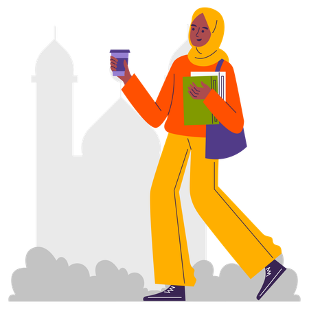 Une femme musulmane marche en tenant des livres et une tasse de café  Illustration