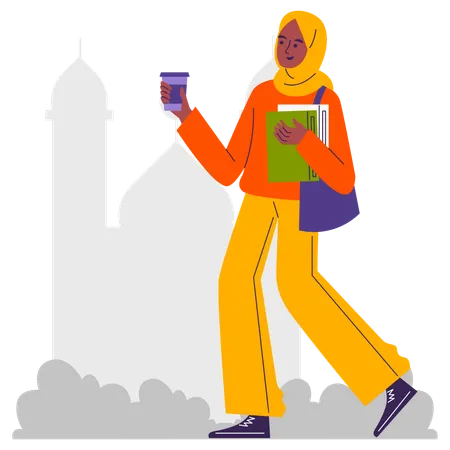 Une femme musulmane marche en tenant des livres et une tasse de café  Illustration