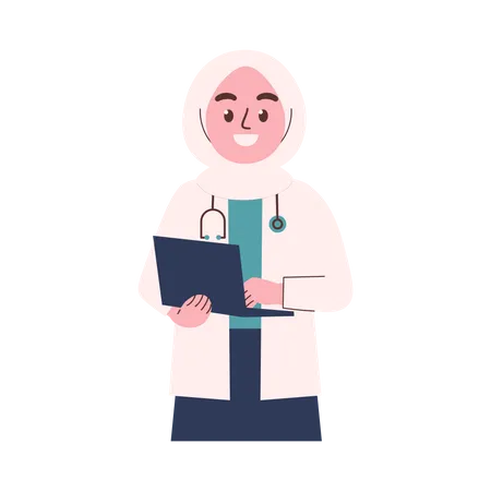 Femme médecin musulmane avec ordinateur portable  Illustration