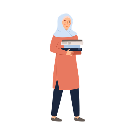 Une femme musulmane portant le hijab marche avec une pile de livres pour étudier  Illustration