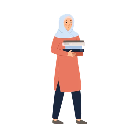 Une femme musulmane portant le hijab marche avec une pile de livres pour étudier  Illustration